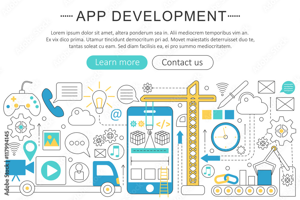 Poster Vector elegant thin line flat modern Art design App development concept. Website header banner elements layout. Presentation, flyer and poster.