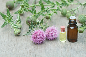 thistle oil container with thistle flowers