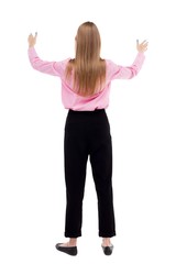 Back view of  business woman.  Raised his fist up in victory sign.    Raised his fist up in victory sign.  Rear view people collection.  backside view of person.  Isolated over white background. The