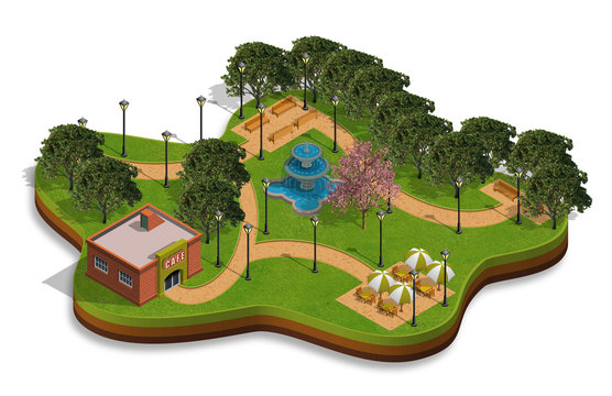 Parco isometrico con bar e fontana