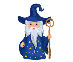 Cartoon Wizard with staff. Isolated on white background.