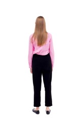 back view of standing young beautiful  woman.  girl  watching. Rear view people collection.  backside view of person.  Office worker girl standing with her hands along the body.