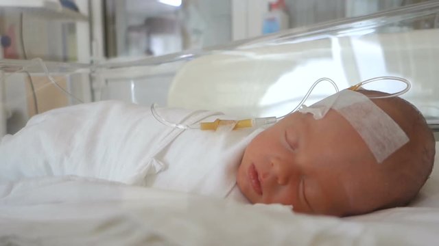 Newborn baby sleeping on a drip in a hospital