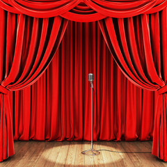 Stage with red curtain, retro microphone  and wooden floor - 117996501