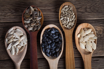 different sunflower seeds and pumpkin seeds