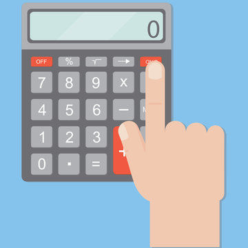 Hand includes a calculator. Calculator business man. Hand and calculator on a blue background in a flat style. Vector illustration.