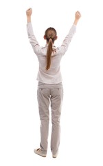 Back view of  business woman.  Raised his fist up in victory sign.    Raised his fist up in victory sign.  Rear view people collection.  backside view of person.  Isolated over white background. Girl