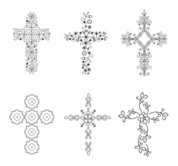 Set of Crosses (Crucifix), Religious Design Elements, Vector Set