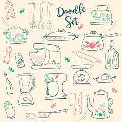Kitchen utensils collection. Set of retro hand drawn kitchen icons