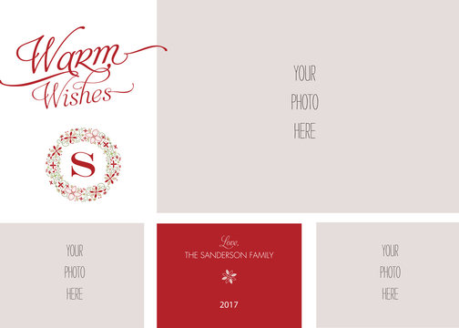 Holiday, Christmas Non Secular Multi Photo Card Template with Monogram and Wreath - Vector