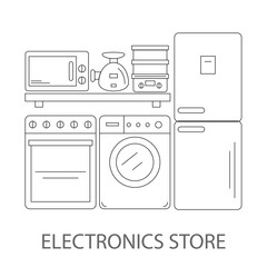 Electronics store image in the style of the line. Home appliances on store shelves. Vector illustration.