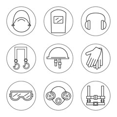  Protective equipment for eyes, head, ears, hands,  lungs and the body. Body protection and health. Vector illustration.