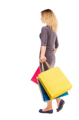 back view of going  woman  with shopping bags . beautiful brunette girl in motion.  backside view of person.  Rear view people collection. Isolated over white background. The girl in the purple dress