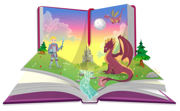 Book of fairytales with knight and dragon illustration