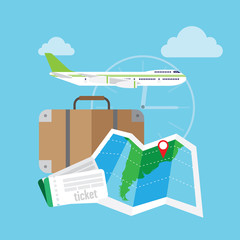 illustration of traveling, suitcase, map, tickets