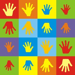 Illustration pattern colorful set of handprints family of mother, father, son and daughter isolated on white background