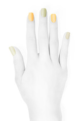 Obraz premium Black and white hand with colored nails. Isolated on white with clipping path