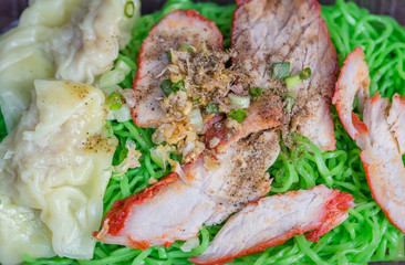 green noodle with Barbecued red pork in sauce with Minced pork w