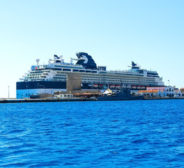 Passenger cruise ship. Large white passenger ship waiting in Rhodes Island port