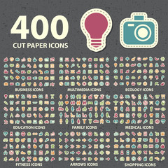 Set of 400 New Modern Universal Standard Icons Paper Cut Style on Black Background.