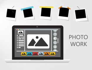 Laptop Icon on gray backgroud with photo frame.Photo work ,Photo business. Journalist photographs illustration