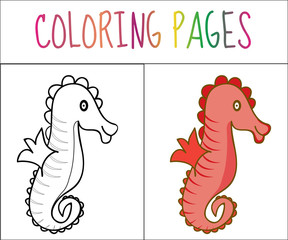 Coloring book page, seahorse. Sketch and color version. Coloring for kids. Vector illustration