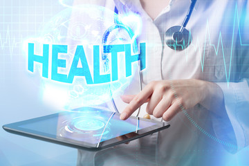 Modern medicine. Medicine Doctor working on the tablet of the fu