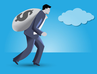 Kings ransom business concept. Confident businessman in business suit carrying big bag with dollar sign on it - concept of financial success and good profit.