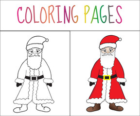 Coloring book page Santa Claus. Sketch and color version. Coloring for kids. Vector illustration