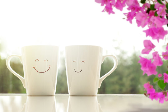 Happy Smile Coffee Mug in Morning Sunshine with Natural Surrounding, Happiness Love Concept  