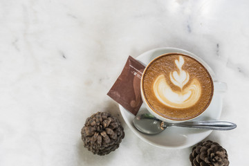 hot fresh coffee in white cup on marble table and white saucer sugar and cream cappuccino coffee mocha coffee espresso coffee latte coffee