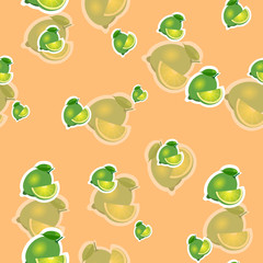 Pattern. lime and leaves different sizes on orange background. Transparency lime.