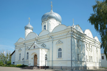 Fototapeta na wymiar Pokrovsky Cathedral Zverin-Pokrovsky monastery closeup of a Sunny day in July. Veliky Novgorod, Russia