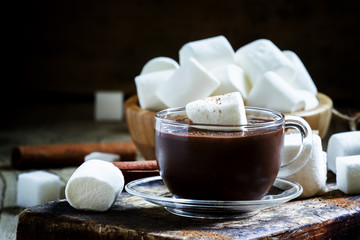 Chocolate in a glass cup with marshmallows and cinnamon, vintage