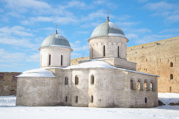 Church of the assumption closeup March afternoon. Ivangorod fortress in the Leningrad region, Russia