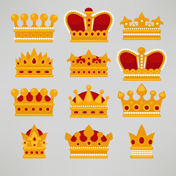 Set Of Gold Crown Flat Icons.