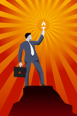 Leading in the darkness business concept. Successful businessman in business suit with case and burning torch on the top of the mountain, looking around and searching for new opportunities and targets