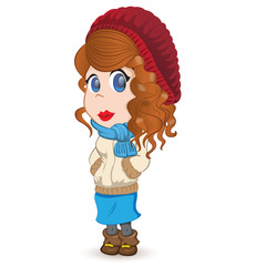 female mascot, redheaded girl curly, curly hair, dressed for winter or cold with beret, scarf and jacket. Ideal for mode materials or institutional