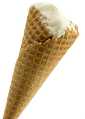 Vanilla ice cream in a waffle cup on white background.