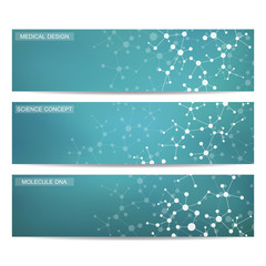 Set of modern scientific banners. Molecule structure DNA and neurons. Abstract background. Medicine, science, technology. Vector illustration for your design.
