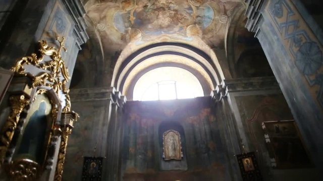 Refectory, murals on the walls of the temple. Panorama of the interior of the temple. Painting, fresco, Picture Miraculous