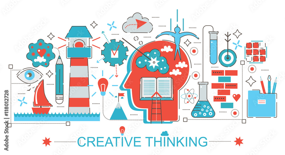 Poster modern flat thin line design creative thinking and brainstorming concept for web banner website, pre