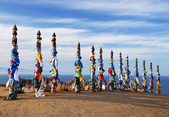 Wooden shamanic totems at Burhan Cape, Baikal Lake, Russian Federation