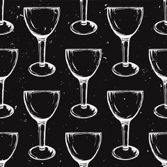 Vector grunge seamless pattern with wine glasses on black background. Hand drawn style.