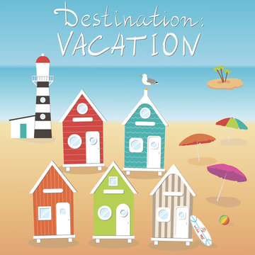 Destination: vacation. Beach houses. Summer Travel Poster Design with Editable Beach Elements