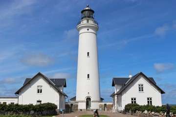 Fototapeta na wymiar Lighthouse in Hirtshals, Denmark, erected in 1863. Hirtshals is an important port town in North Jutland. Scandinavia, Europe. 