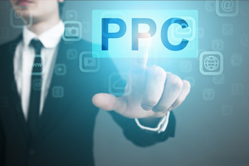Businessman is pressing on the virtual screen and selecting "PPC".