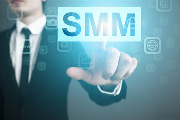 Businessman is pressing on the virtual screen and selecting 