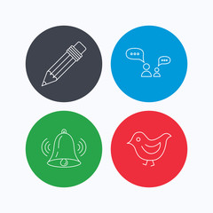 Dialogue, pencil and bird icons.