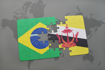 puzzle with the national flag of brazil and brunei on a world map background.